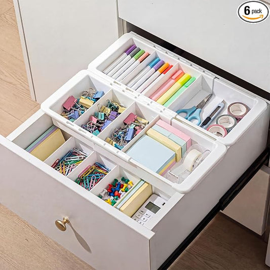 6 Pcs Expandable Drawer Organizer Bins Adjustable Deep Drawer Hanging Organizer Tray Expandable 11.4 to 18.1 Inches Plastic Dividers Storage for Office Bathroom Bedroom Kitchen Desk, White