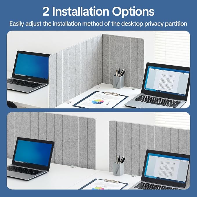 48" Desktop Privacy Screen - Sound Absorbing Felt Panel, Clamp-On Foldable Office Divider for Desk, Silver Gray