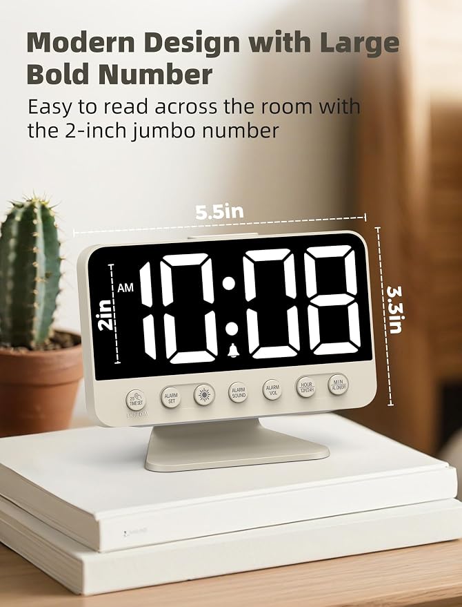 Odokee Digital Alarm Clocks for Bedrooms with Large Bold Number | Electric Desk Clock with Night Light & Brightness Dimmer - Loud Alarm for Heavy Sleepers with Adjustable Volume - Putty