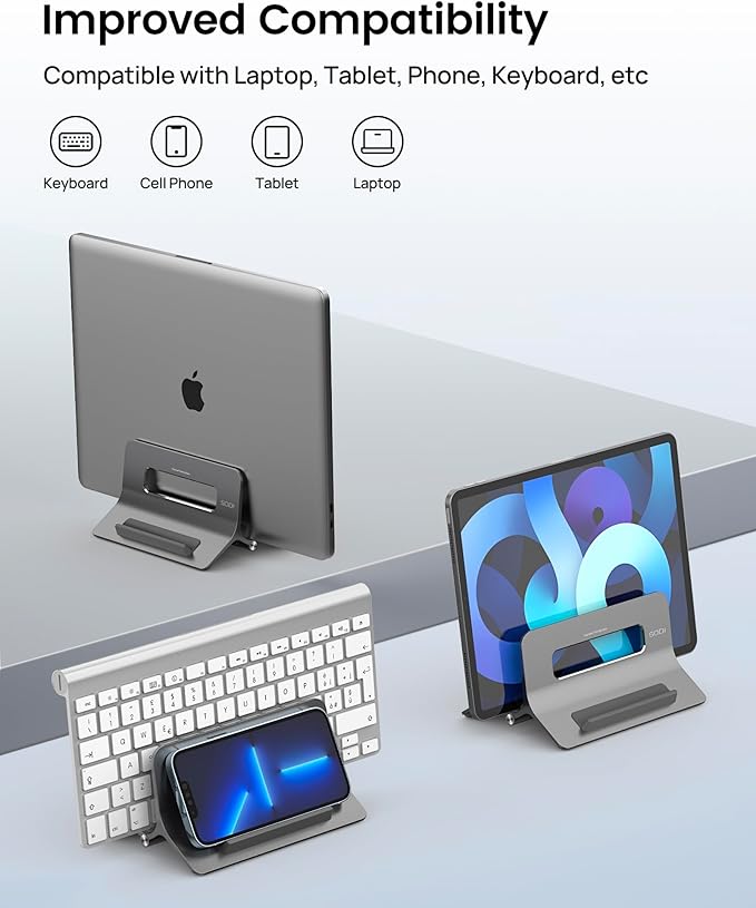 SODI Vertical Laptop Stand for Desk, Gravity Auto Lock MacBook Stand, Aluminum Laptop Holder Vertical Compatible with MacBook Pro, Air, Tablet, Space-Saving Organize Work & Home Office, Gray