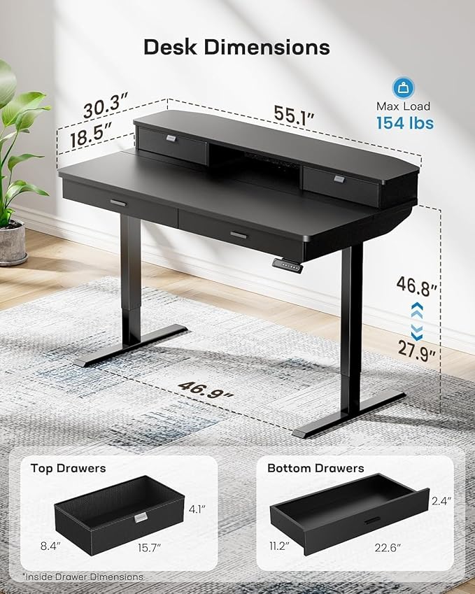 HUANUO 55 x 30 inch Electric Standing Desk with 4 Drawers, Black | Deeper 30 Inch Desktop, Cable Tray, Monitor Mount Support, Grommet Routing, 27.9–46.8 Inch Height Range, Home Office Use