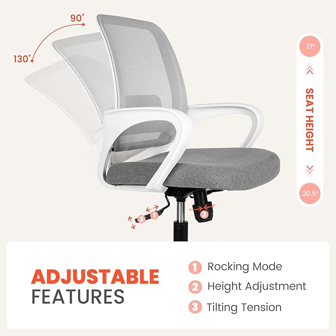 NEO CHAIR Office Desk Ergonomic Computer Mesh Chair with Lumbar Mid Back Support Adjustable Height Swivel Rolling Wheels Comfy Task Vanity Chair for Home Bedroom Study (Grey)