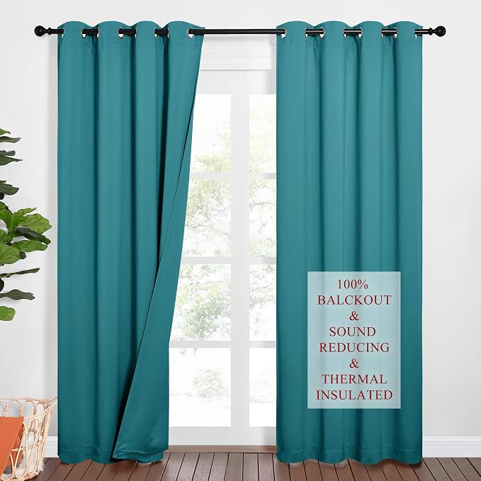 NICETOWN Sound Barrier 100% Blackout Divider Curtains 84", Noise, Heat and Cold Blocking Drapes with Felt Fabric Lining for Nursery/Daytime Sleep/Bedroom (Peacock Teal, 2 PCs, 52" Wide)