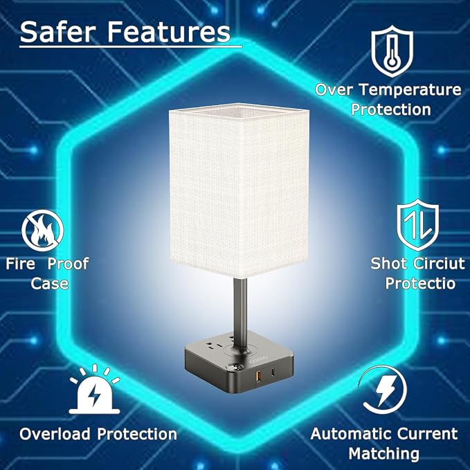 Table Lamp Dimmable cozoo USB Bedside Table Desk Lamp with 2 USB Charging Port(A+C) 2 Outlet,Nightstand Lamp with Charger Base White Fabric Shade,LED Touch Lamp for Bedroom/LivingRoom/Dorm/Home Office