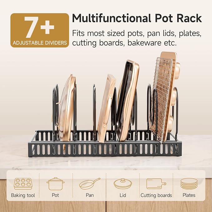 MUDEELA Pot Lid Organizer for Cabinet, Adjustable Baking Pan Rack 7 Slots | 7 Adjustable Divider, Tool-Free Assembly,Non-Slip, Scratch-Proof, Sturdy Metal Frame, For Pan Lid Cutting Board Bakeware