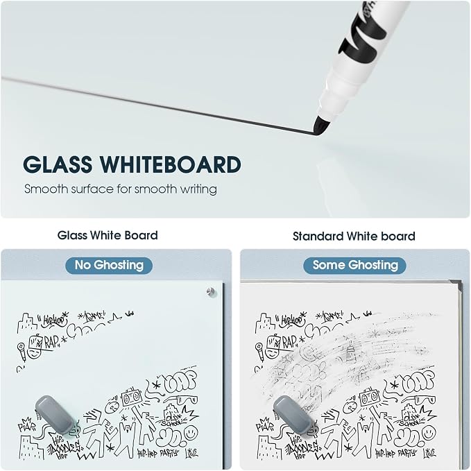 MaxGear Glass Whiteboard Tempered Magnetic Dry Erase Board 48x30 Inch | Magnetic Steel,Frameless Design,Smooth Writing,Ghost Free,Wall Mounted,Accessory Kits,Office Classroom Conference Room Use
