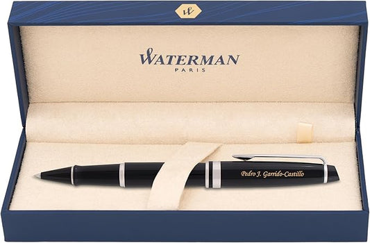 Engraved Waterman Expert Capped Rollerball Pen in Black Lacquer with Chrome Trim. Luxury Business Gift for Executives, Board Members, or Trustees.