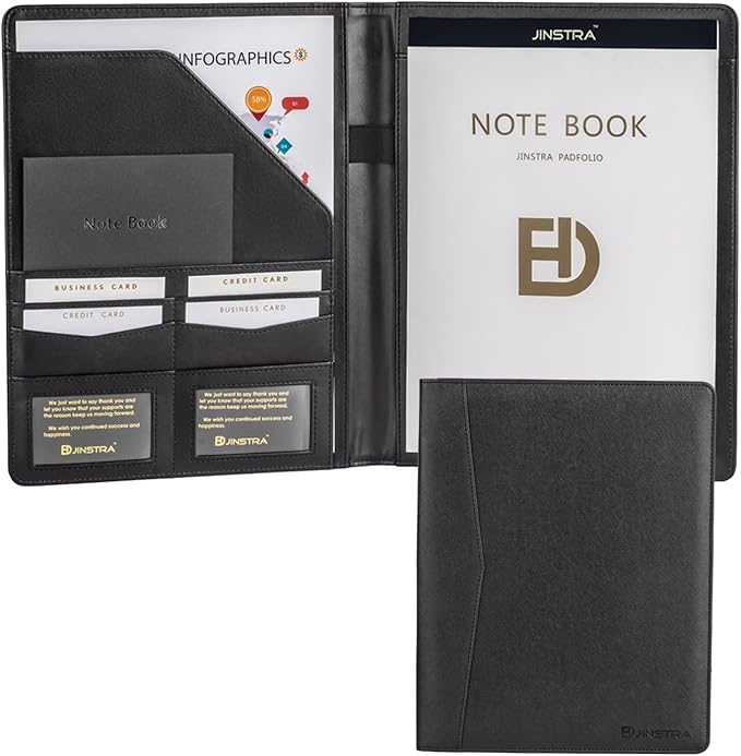 Padfolio Portfolio Leather Folder by Jinstra Professional Business PU Leather Notepad Holder for Resumes, Interview Writing Pad Folders, Legal Pad Portfolios with 20 Pages Notebook for Women/Men