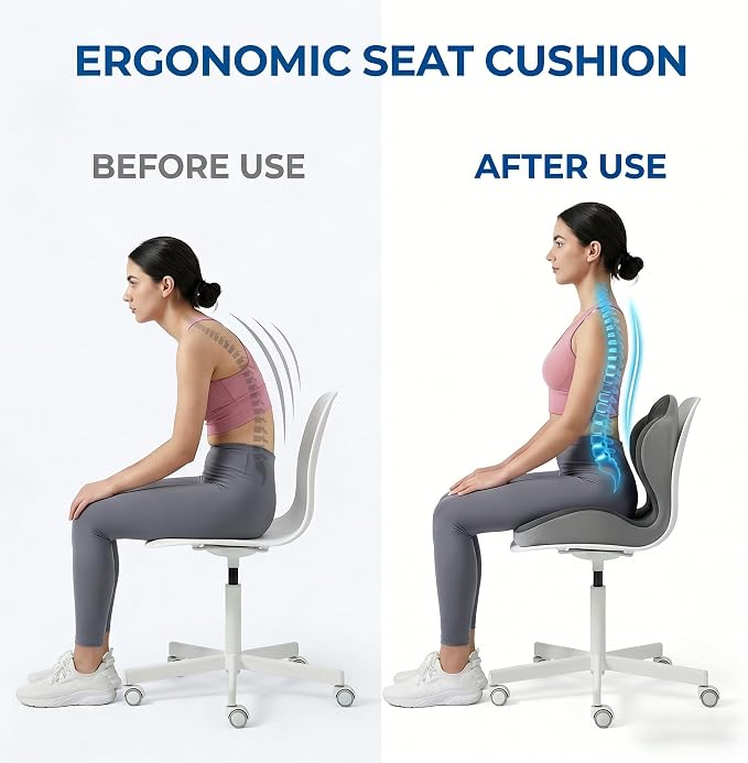 Ergonomic Seat Memory Foam Support Cushion for Back, Car Seat Back Support Cushion for Sciatica Tailbone Pain, Office Desk Chair Car Travel Seat Cushion (Grey)
