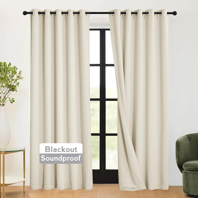 RYB HOME 3-in-1 Soundproof - Blackout - Energy Saving Curtains for Bedroom, Soundproof Blanket Curtains for Living Room Nursery Patio Sliding Glass Door, Beige, W 62 x L 95, 2 Panels