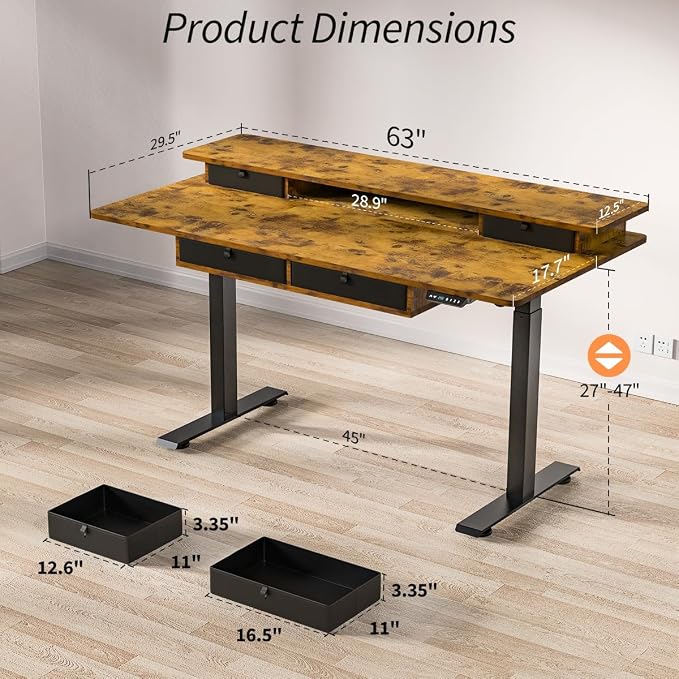 Kingant Electric Standing Desk with 4 Drawers,USB Charging Ports 63"x 30" | Ergonomic Height Adjustable Large Workstation, Heavy-Duty Sit Stand Up Desk For Home Office Daily Work,Rustic Brown