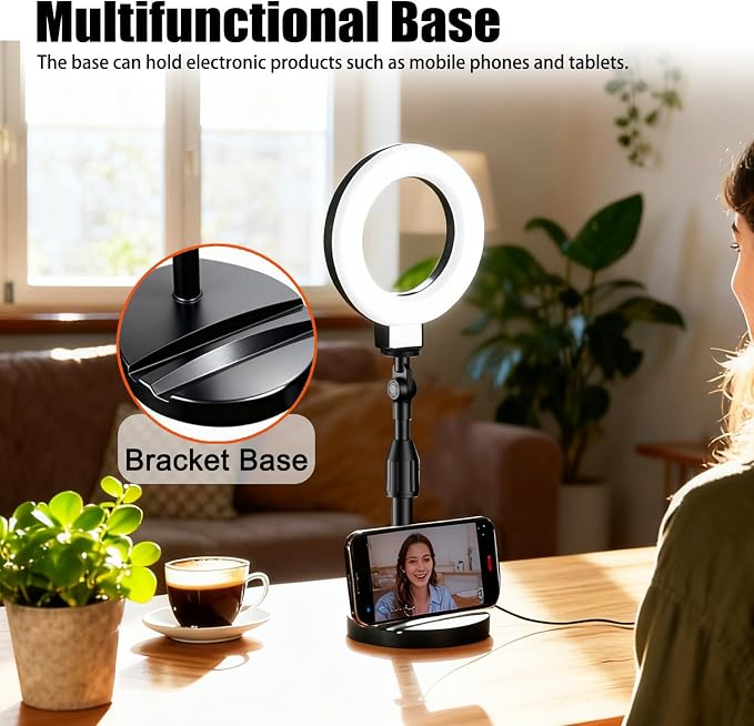 Desk Ring Light with Stand, Video Conference Lighting with Clip, Ring Light for Phone, Travel Selfie Light for Makeup, Live Streaming, Video, Photography
