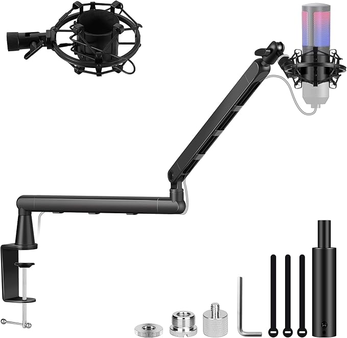 CAHAYA Mic Stand Boom Arm - Low Profile Adjustable Microphone Arm Stand with 3.5" Extension Pole Desk Clamp Screw Adapter for Streaming Gaming Black