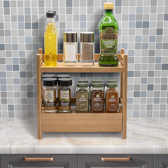 Sorbus 2-Tier Bamboo Countertop Shelf with Hidden Drawer for Vanity, Matcha Shelf, Bathroom Storage Cabinet, Under Sink Organizer, Bathroom Storage, Matcha Station Shelf (13″ L x 6.5″ W x 12.6″ H)