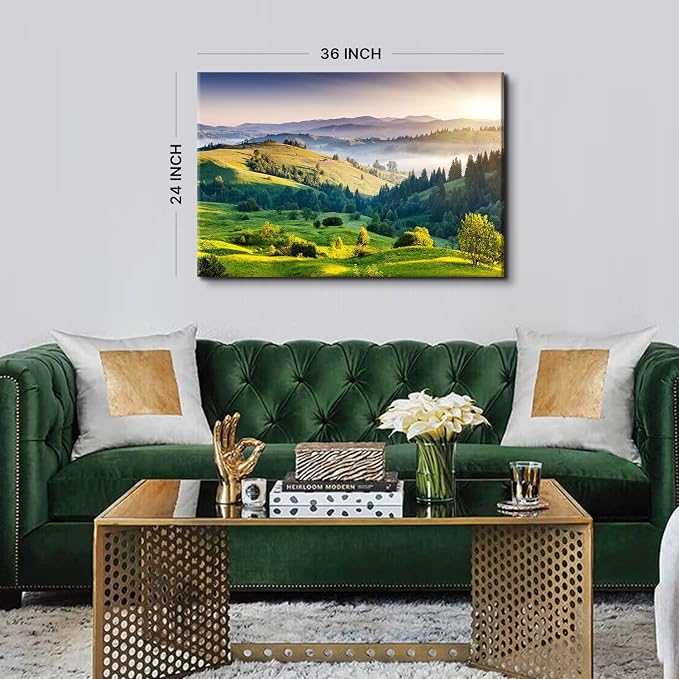 Sunrise Mountain Wall Art Misty Forest Landscape Canvas Picture Living Room Decor 24x36", Modern Large Green Nature Scenery Prints Painting Framed Artwork for Bedroom Bathroom Office Home Decoration