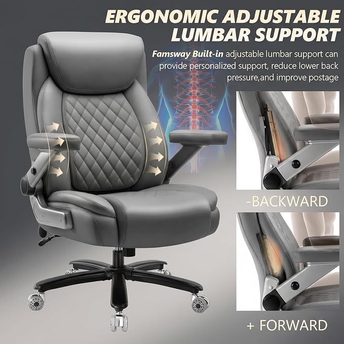 650LBS Big and Tall Office Chair with 5D Flip Arms and Thick Pocket Spring Cushion,Extra Wide Heavy Duty Office Chair&Adjustable Lumbar Support,Large High Back Computer Chair Dual Rubber Wheel (Grey1)