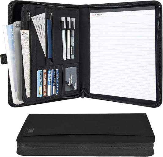 Premium Vegan Leather Padfolio with Zipper – 8.5" x 11" Portfolio Organizer for Legal Pads & Spiral Notebooks – Professional Business Folder for Men and Women (Black)