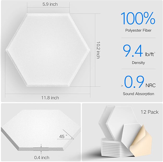 22 Pack Self-Adhesive Acoustic Panels 12" X 10" X 0.4" - Sound Proof Foam Panels with High Density, Fashionable Y-Lined Design, Absorb Noise and Eliminate Echoes(White)