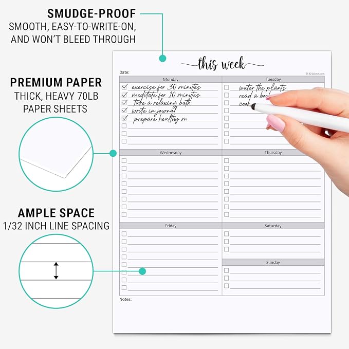 321Done Weekly Checklist Notepad, 8.5x11 Large Letter-Size Pad - 50 Tear-Off Sheets, Undated Monday-Sunday Schedule, Daily Task Planner for Home, Office & Student Use - Made in USA