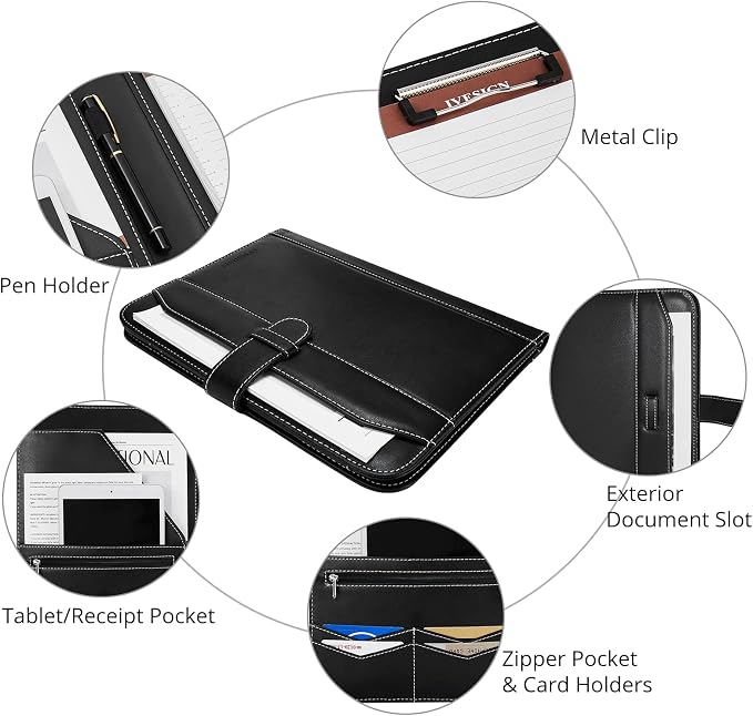 Leather Portfolio Notebook with Folder，Storage Clipboard with Cover for Legal Pad Holder Letter Size A4 Writing Pad for Business School Office Resume Conference Notepad Clip Boards(Black)