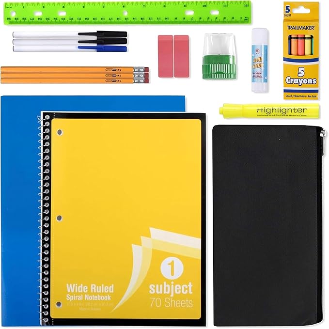 Trailmaker 24 Pack Bulk School Supply Kits | 20 Piece Back to School Supply Set for Elementary & Middle School | Notebooks, Crayons, Pencils & Essentials | For school drives, classrooms, nonprofits & student donations