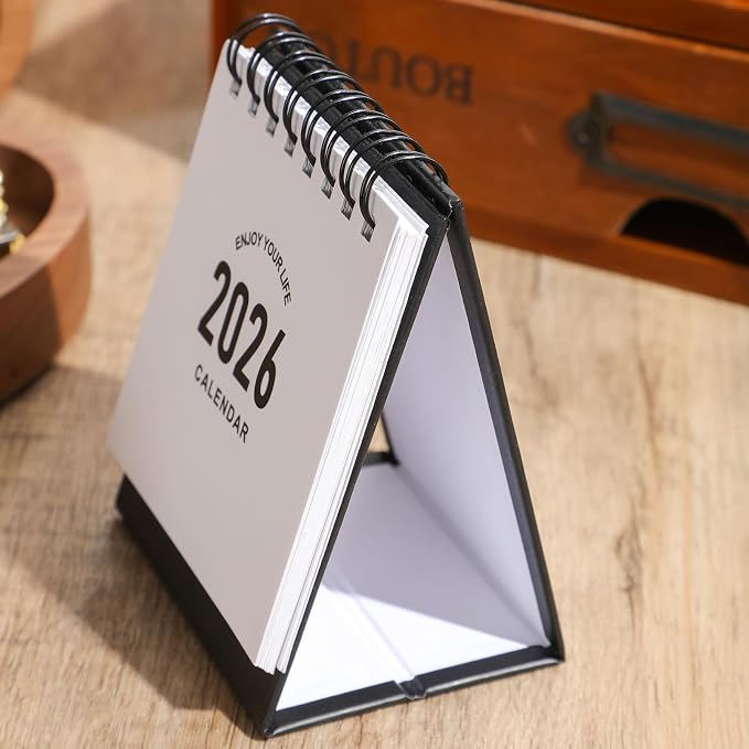 Mini Desk Calendar 2026-2027- Small Desktop Calendar January 2026 to June 2027 Mini Daily Schedule Thick Paper Twin-Wire Binding with Stickers for Home Office School (Black-white)
