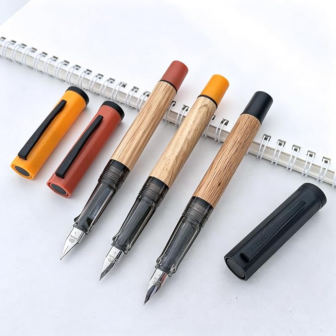 Jinhao 58 Natural Oak Wood Fountain Pen Set, 3-Pack (Ebony/Turmeric/Orange) | Value 3-pack curated wood pens with protective felt pouch & ink converters. Perfect elegant gift for office & journaling.