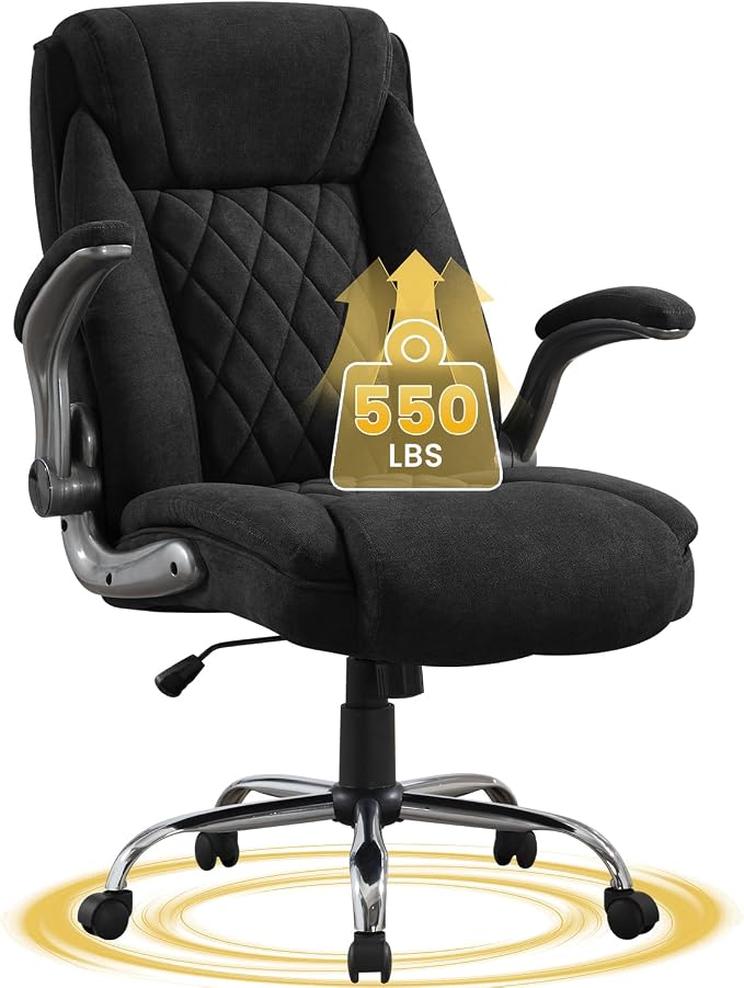 Big and Tall Office Chair 550lbs Heavy Duty Executive Fabric Office Chair with Adjustable Height, Flip-Up Armrests, Wide and Thick Seat Cushion, Comfy Chair for Heavy People, Ideal for Office Work