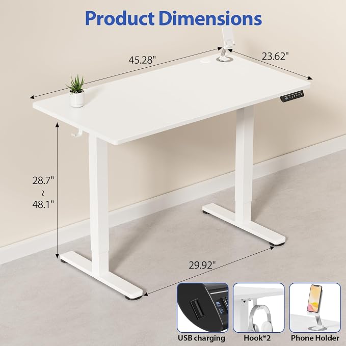 YESHOMY Height Adjustable Electric Standing Desk, 46 x 24 Inches Memory Home Office Sit Stand up Desk with Phone Holder and USB Charging Port, White