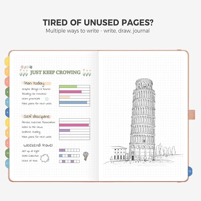 Daily Planner Undated, Appointment Book for Hourly, Daily and Monthly, 365 Days, One Page a Day, Medium Size (5.7" x 8.3"), Leather Hardcover, 12 Self-adhesive Monthly Tabs (Pink)