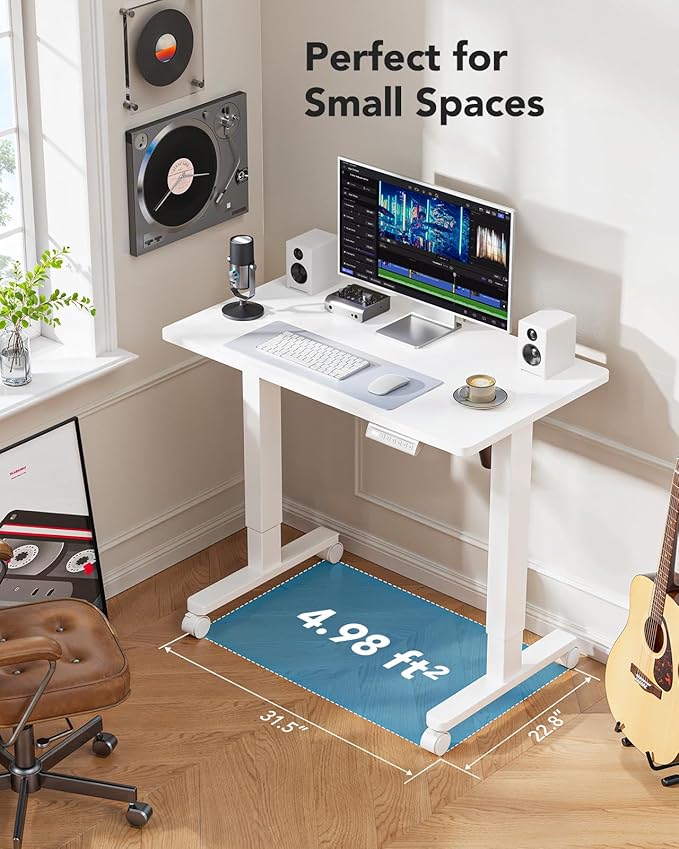 HUANUO Electric Small Standing Desk, 35" x 24" Whole Piece Desktop, Adjustable Height Computer Desk, 4 Height Memory Settings, Sit Stand Up Desk for Home Office, White