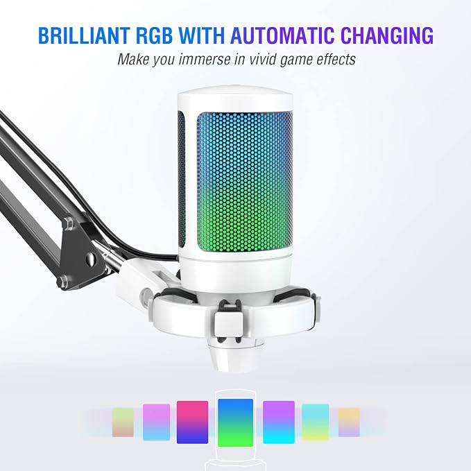 FIFINE Streaming Gaming USB Microphone Kit, PC Condenser RGB Mic Compatible with PS4/PS5, Plug and Play for Music Recording, Online Game, Discord, Twitch, with Pop Filter, Shock Mount-A6T White