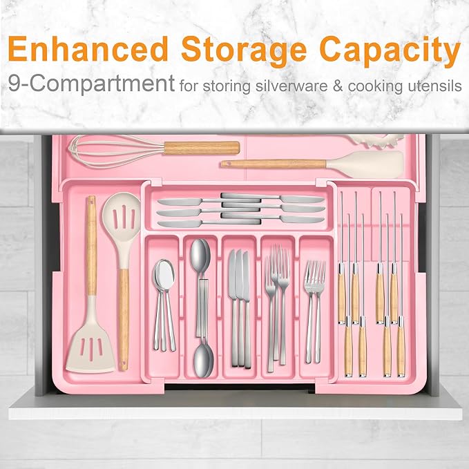Silverware Organizer - Expandable Large Kitchen Drawer Organizer Utensil Organizer with 2 Knife Block Inserts, 22"x 19"Cutlery Tray with Drawer Dividers for Kitchen Flatware (Pink)