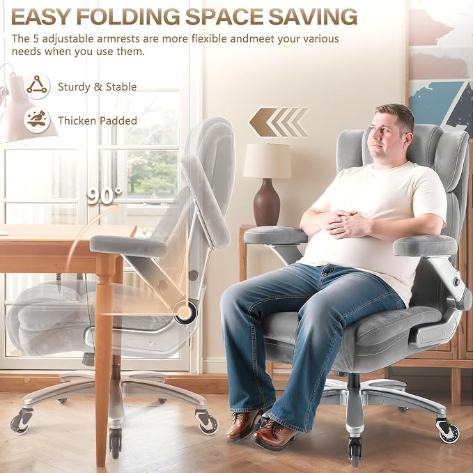 Fabric Big and Tall Office Chair 600LBS Capacity with 5D Flip Arms,Heavy Duty Cloth Computer Chair,Plus Size High Back Desk Chair with Wide Pocket Spring Seat