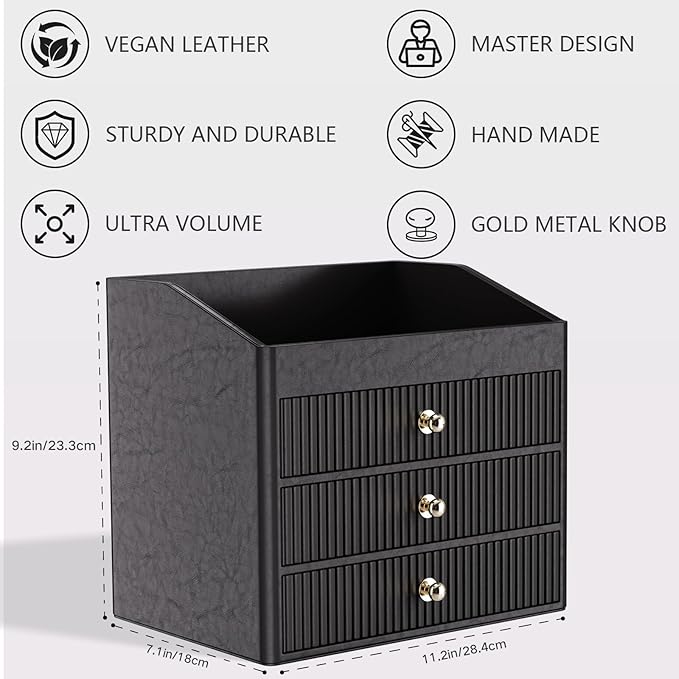 LADSTAG Desk Organizers and Accessories,Black Vegan Leather Desktop Organizer with 3 Drawers & Tray for Bedroom,Bathroom,Lipstick,Nail Polish,Skincare,Perfume,Jewelry Box