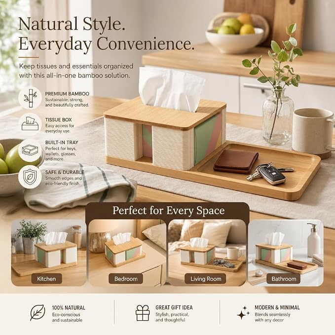 Bamboo Tissue Box Holder with Organizer Tray for Desk, Nightstand, Home | Decorative rectangle tissue box cover for nightstand, office desk, living room and bedside table, fits standard boxes