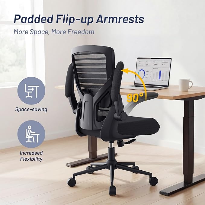 Office Desk Chair for Long Hours & Lower Back Pain Relief – 4“ Thick Molded Foam Cushion, Enhanced Lumbar Support, Padded Flip-up Armrests, New Year Workspace Upgrade, Black