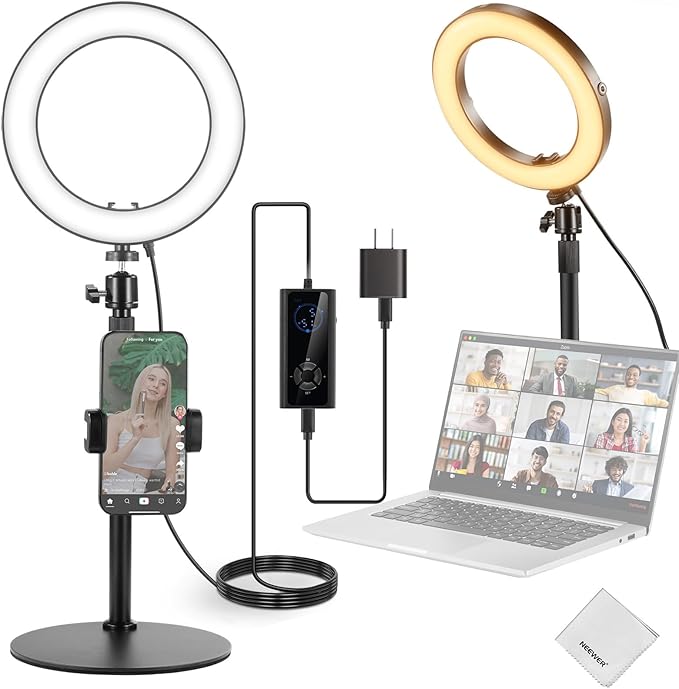 NEEWER 18W 8" Desk Ring Light with Stand, Circle Selfie Light for iPhone Streaming Makeup Video Recording, Video Conference Lighting Kit with Phone Holder for Laptop Computer Zoom Call Podcast, RH8B