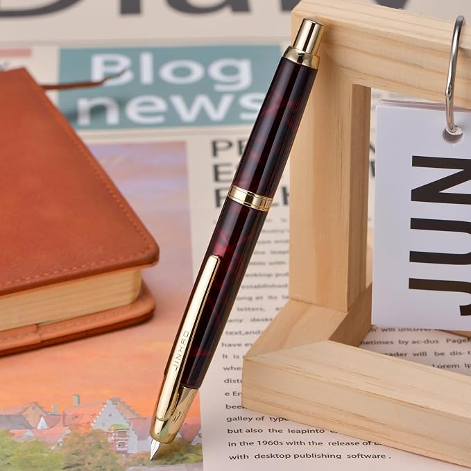 Jinhao 10 Press Fountain Pen with Box, Marble Red Retractable Medium Nib with Ink Converter Set (Golden Clip)