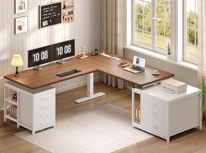 SEDETA 63" L Shaped Electric Standing Desk, Height Adjustable Corner Desk with 7 Fabric Storage Drawers & Power Outlet, 3 Memory Heights, 200lbs Capacity for Home Office Gaming, White + Brown