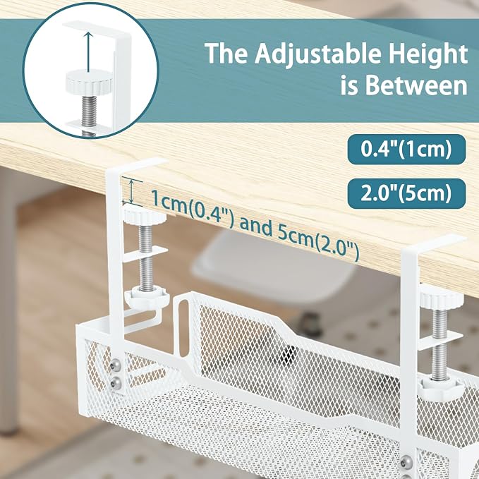 Under Desk Cable Management Tray, No Drill Mesh Cable Tray Cord Organizer | Wire Management Tray Cable Management Rack, Cable Management Box (White)