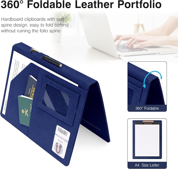 Ospelelf Blue Faux Leather Padfolio with Clipboard, Interview Clipfolio Portfolio with Notepad 8.5 x 11, Business Resume Clipboard Folder Organizer with Pockets for Men