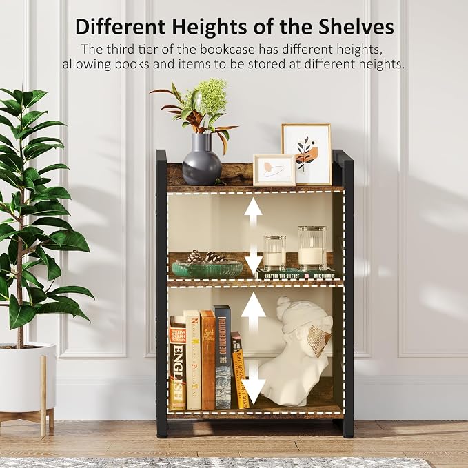 Hosfais 3-Tier Small Bookshelf Bookcase with Edge Protection | Wood Book Shelf Industrial Bookshelf Metal Narrow Bookcase Storage Organizer Display Rack for Bedroom Home Office (Brown)