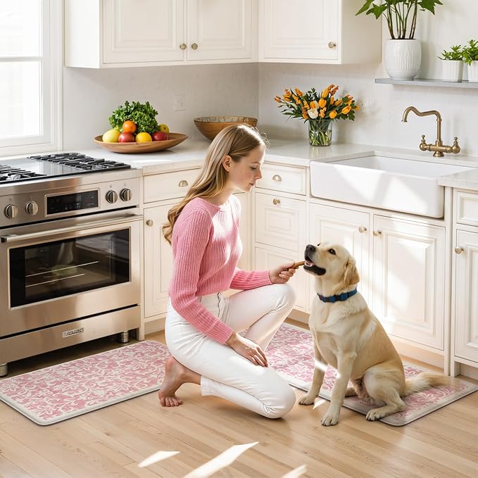 LEEVAN Pink Kitchen Mat Sets of 2, Vintage Distressed Anti Fatigue Memory Foam Kitchen Floor Mat for Laundry,Non Slip Cushioned Standing Mat for Home, Office, Desk,Sink(17''x29''+17''x47'')