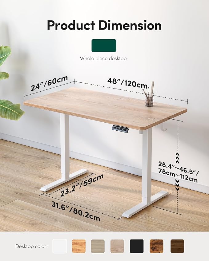 FEZIBO One-Piece Standing Desk, 48"x24" Seamless Tabletop Electric Height Adjustable for Home Office, Study Rooms & Multi-Device Workstations, Oak
