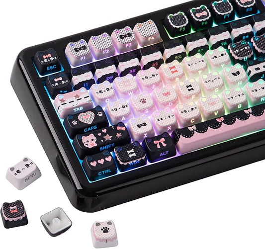 KiiBOOM Cute Cat Keycaps Set, Mao Profile, PC+ABS Keycap for MX Switches Mechanical Keyboard, Compatible with 60%, 65%, 75%, TKL, 96%, Full-Sized Layout (Meow Bow)