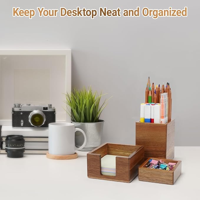 RAWILL 3 PCS Wooden Desk Organizer Set, Acacia Wood Office Desk Accessories with Pen Holder, Paperclip Storage and Sticky Note Holder,Wood Grain Clear, Ideal Gift for Office and Family