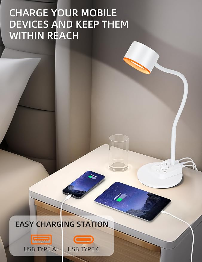 LiFMIRA LED Desk Lamp, 1200LM for Home Office, Fully Dimmable Bedside Reading Lamp with USB C + A Charging Ports, 5 Colors, 12W Gooseneck Lamp, Metal Small Table Lamps for Bedroom Living Room White