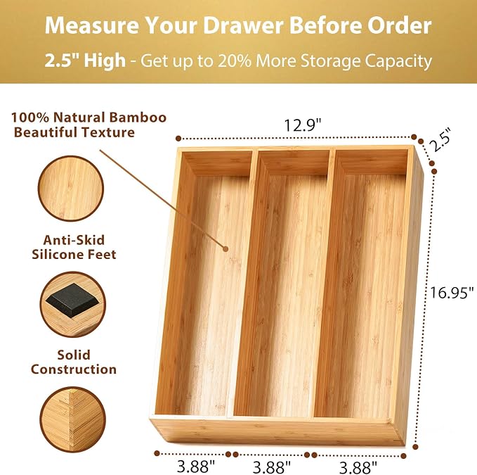 Bamboo Kitchen Utensils Organizer, 13 Inch Drawer Dividers for Silverware, Extra Deep Holder, with Non-Slip Feet, Wood Caddy for Flatware Cutlery