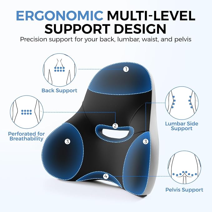 BEBAS Ergonomic Memory Foam Lumbar Support Pillow for Car & Office | Wraparound Side Wings for Back Support, Lumbar Cushion with Fixed Ring, Breathable Washable Cover, Fits Driving, Work, Black